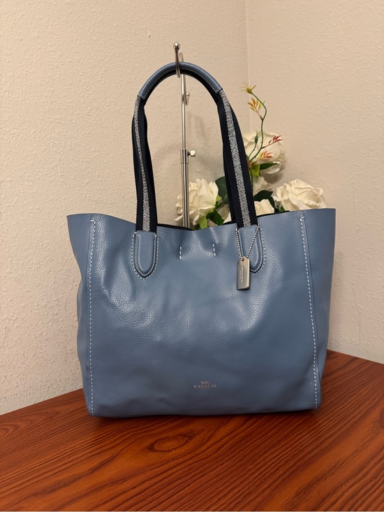 Coach Handbags - Coach Blue Leather Tote with Navy Striped Handles